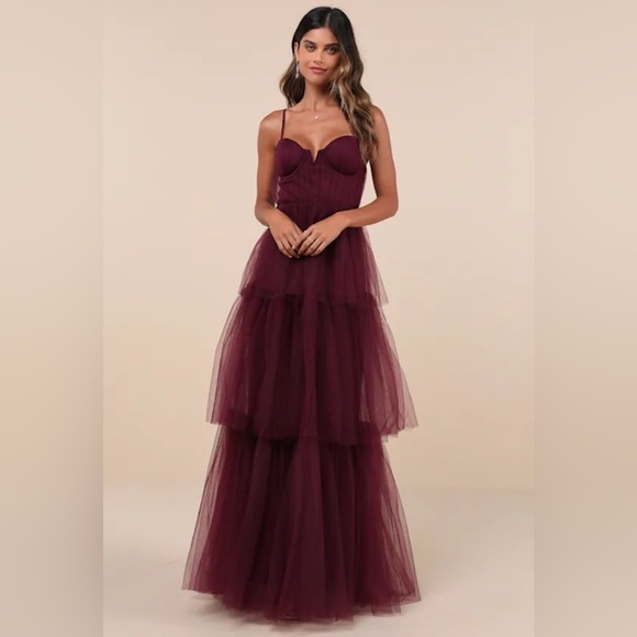 Lulus Dresses & Skirts - Lulus unforgettable poise plum tulle tiered bustier maxi dress Sz L nwot